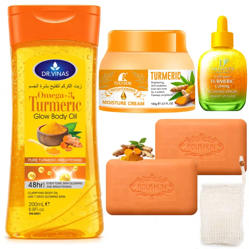 Turmeric Set Body OIL+Face Cream+Facial Essence+Soap+Foaming Netl Skincare Set Body Care Sets Body Care Bundle Gift Cleaning, Hydrating, Moisturizing for Body, Face, Hand, Lip, Eye, Travel