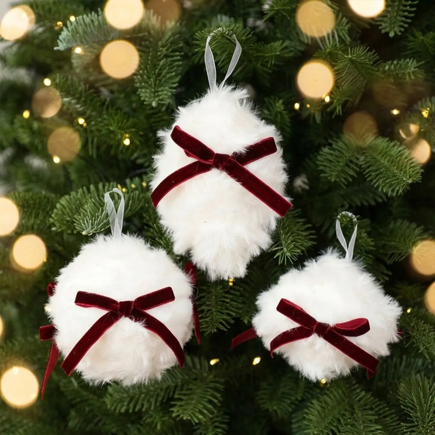 French Plush Christmas Ball Set, Velvet Ribbon Bow, Various Shapes, Retro Atmosphere Decorations, Christmas Tree Ornaments