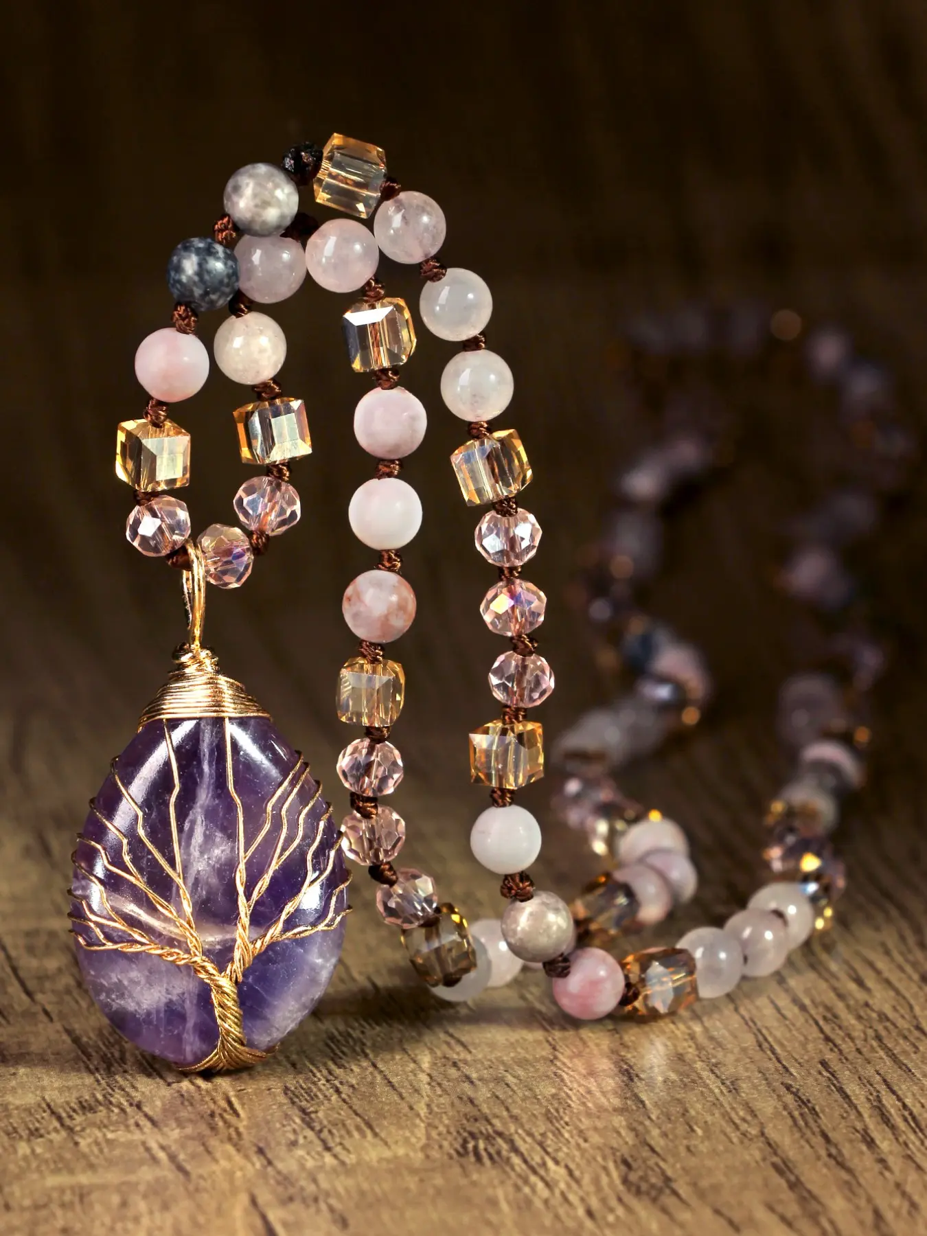 Natural Gemstone Pendant Beaded Long Sweater Necklace, Crystal Energy Necklace, Women & Crystal Lovers Bohemian Healing Chakra Wire Wrapped Tree Of Life Teardrop, Handmade Wire Wrap Crystal Beaded Chain Jewelry, Gift for Birthday Valentine Christmas