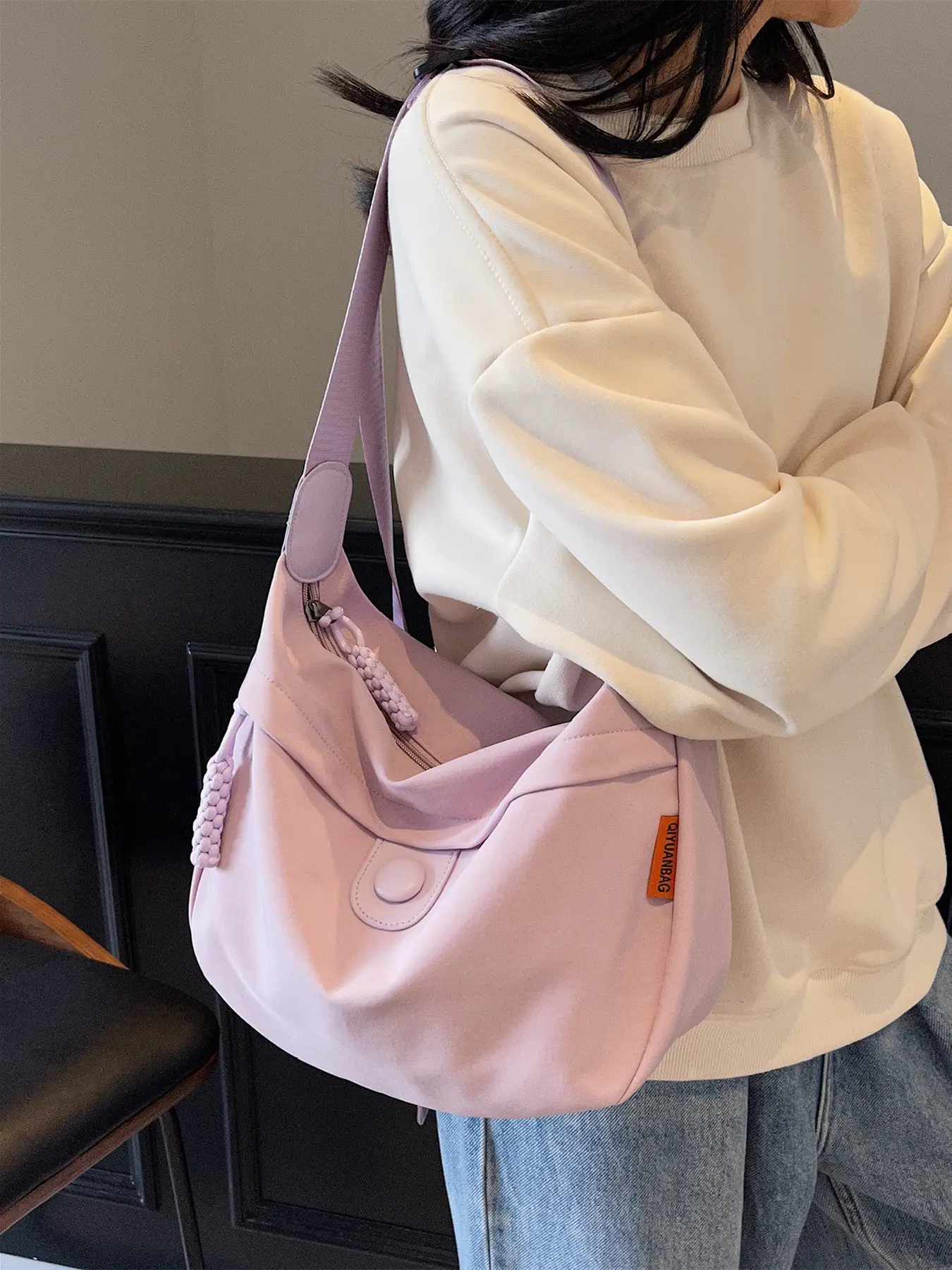 Korean Minimal Multi Color Nylon Dumpling Crossbody Bag For Women, Braided Rope Zipper Snap Large Commute Hobo Purse, Adjustable Wide Webbing Strap Lightweight Waterproof Student Casual Shoulder Tote Bag