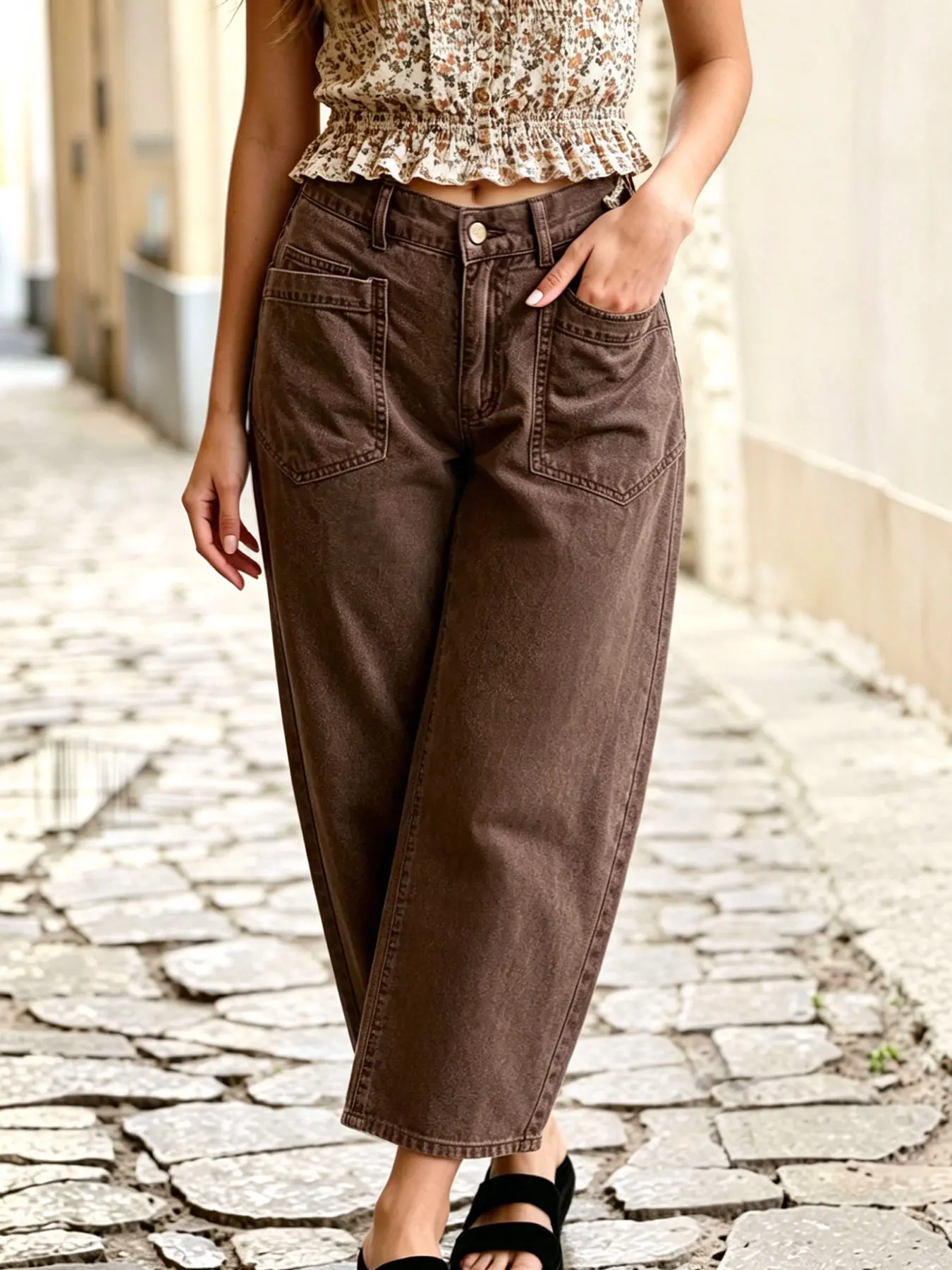 Women's Vintage Brown Washed Carrot-Fit Denim Capri Jeans, Large Pockets, Loose Fit, Everyday Wear, Clothes