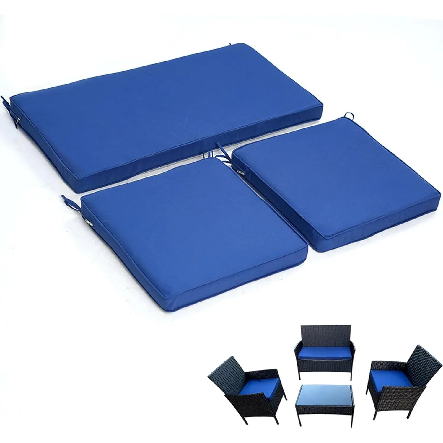 3-Pack Outdoor Patio Furniture Replacement Cushions Set–High-Elastic Sponge Cushions Fit 4-Piece Wicker Rattan Sofa, Loveseat & Chairs, 36x18x2 & 18x18x2, Waterproof, Fade-Resistant (Navy blue)