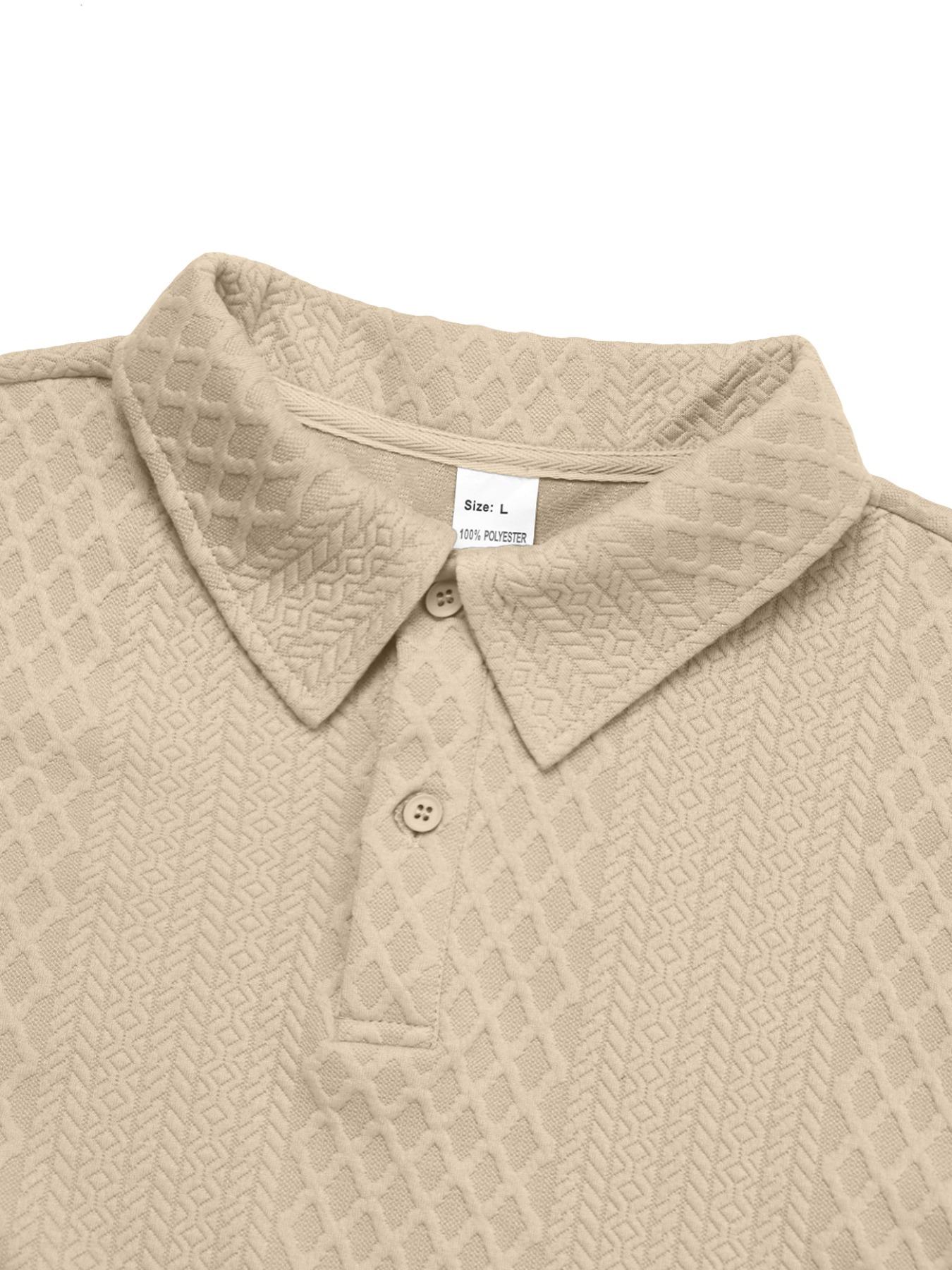 Men's Textured Long Sleeve Polo Shirt & Drawstring Pants Set, Casual Fitted Design, All-Season Wear, Comfortable Fit