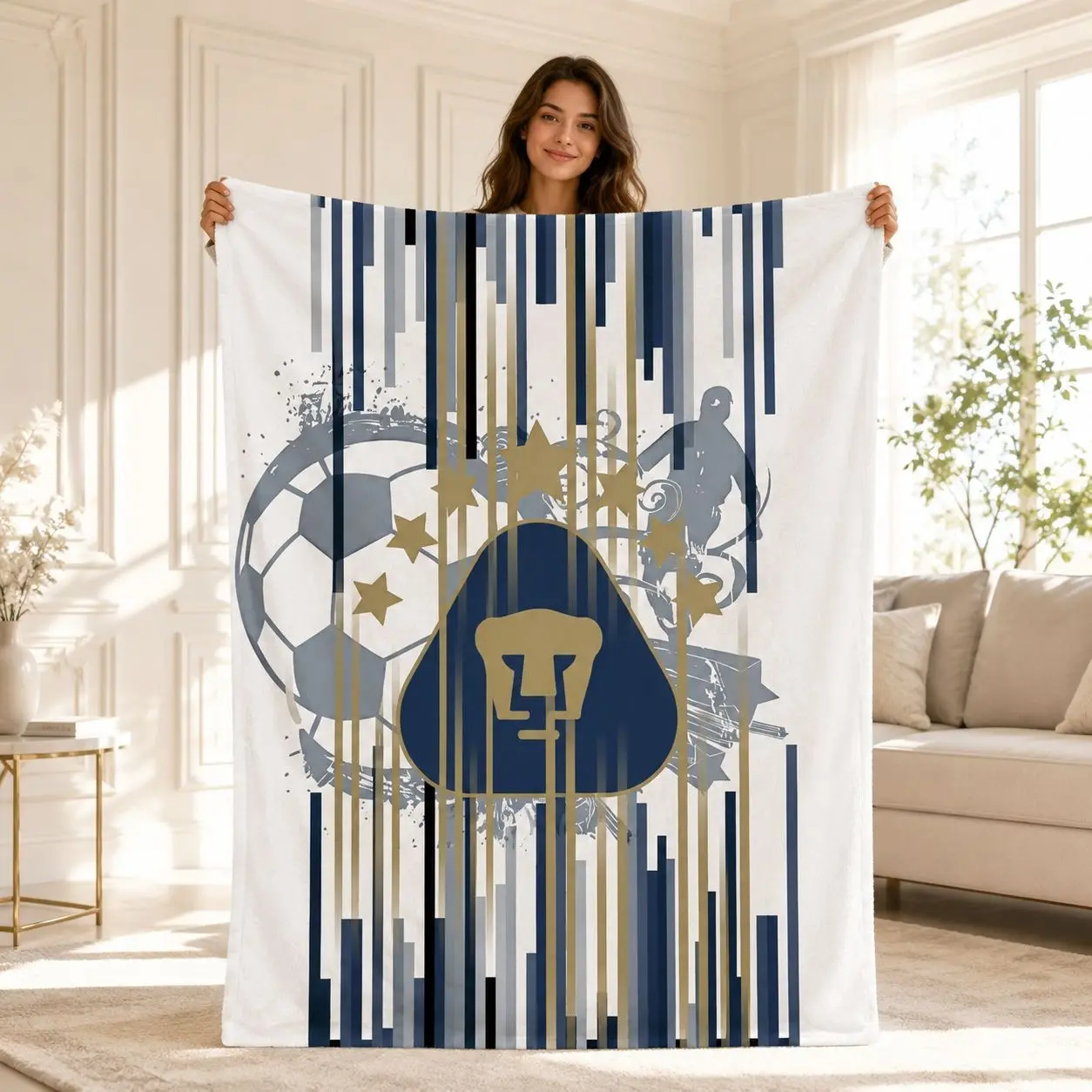1PC Liga MX Pumas UNAM Starry Sky Metal Logo Print Flannel Blanket, Soft Skin-Friendly Anti-Pilling Machine Washable Lightweight Throw Blanket, All Seasons For Adults Home Sofa Office Nap RV Camping Fan Gift Decor Blanket