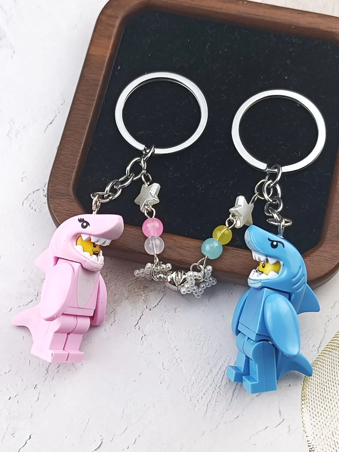 Blue Shark Keychains, Magnetic Pair with Macaron Beads & Star Charms, Cute Couple Accessory, Charming Design for Keys & Backpacks