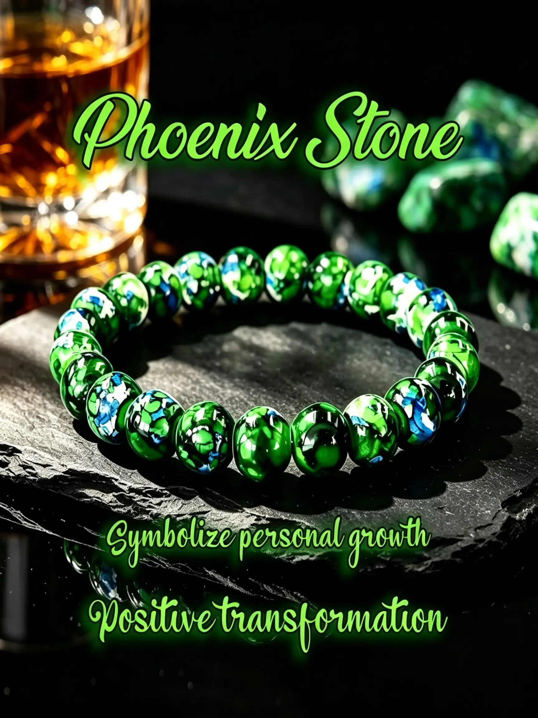 Natural Phoenix Stone Round Bead Stretch Bracelet, Unique Green-Blue Vein Vintage Unisex, Stackable Accessory for Daily Wear & Gifting, Beaded Bracelet