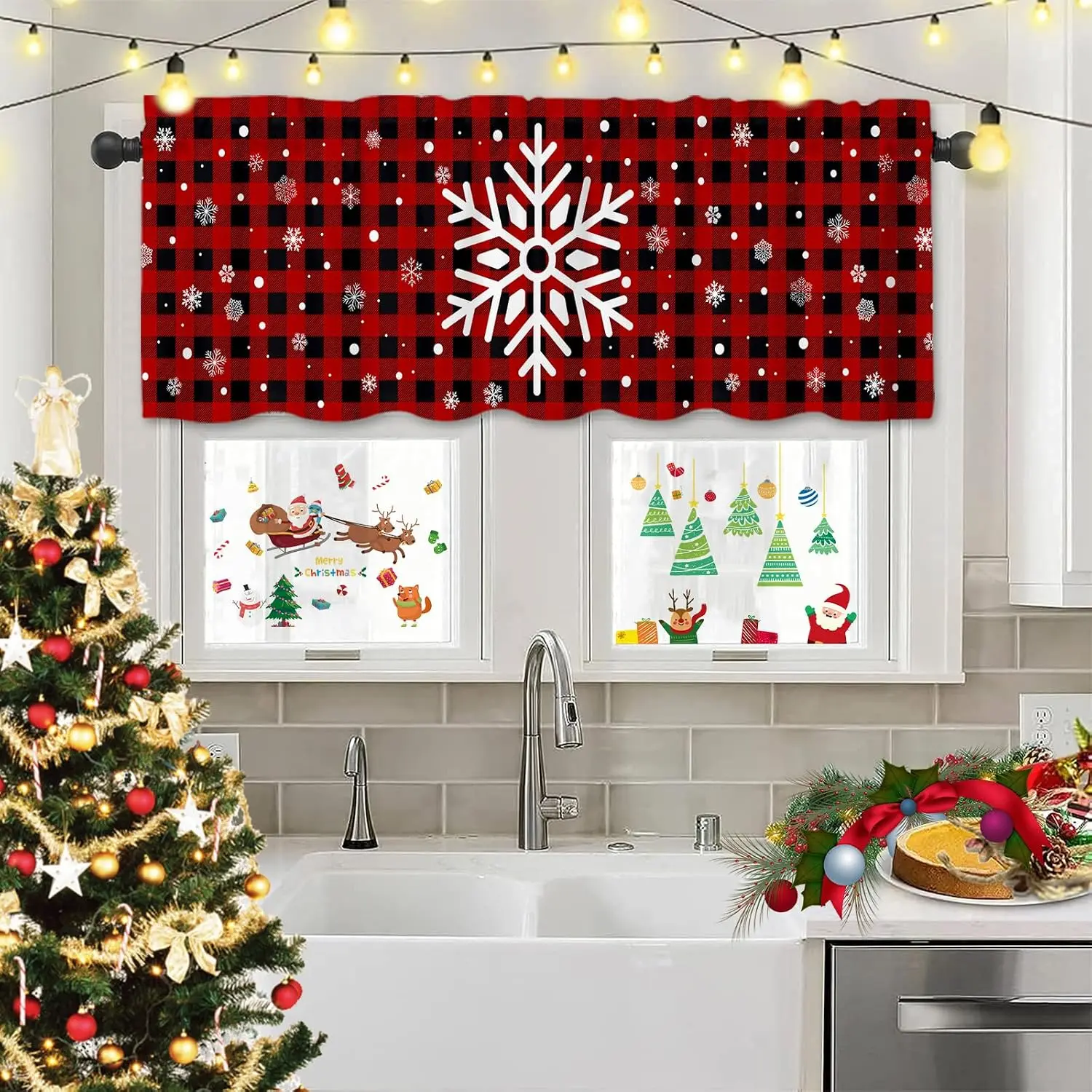 Christmas Valance Curtains for Kitchen Window Red Black Buffalo Check  Snowflake Winter Rod Pocket Window Valance Decor for Kitchen Living Room Bedroom 54 x 18 Inch
