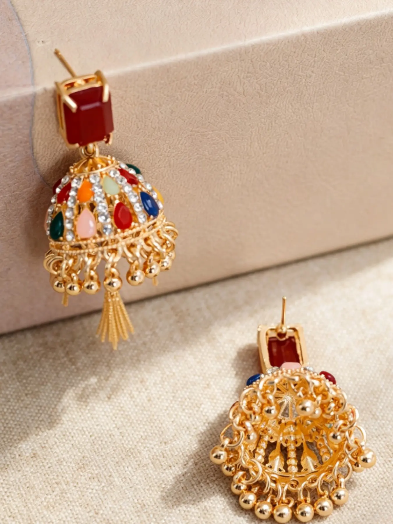 Boho Ethnic Style Earrings, Colorful Gemstone Birdcage Bell Pendant, Indian Vintage Hollow Metal Tassel Earrings, Wedding Vacation Jewelry
