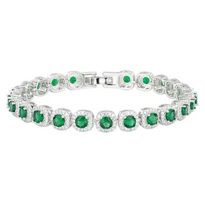 Women's 14K White Gold Luxury 4mm Round Cut Emerald Diamond Halo Tennis Bracelet, Rare Stone Link Jewelry for Evening Parties, Anniversaries Gifts