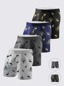 4-Pack Men's Long Boxer Briefs, Reindeer Print, Breathable Comfort, Soft Fashion Trunks, All-Season Modest Fit, Daily Wear Underwear