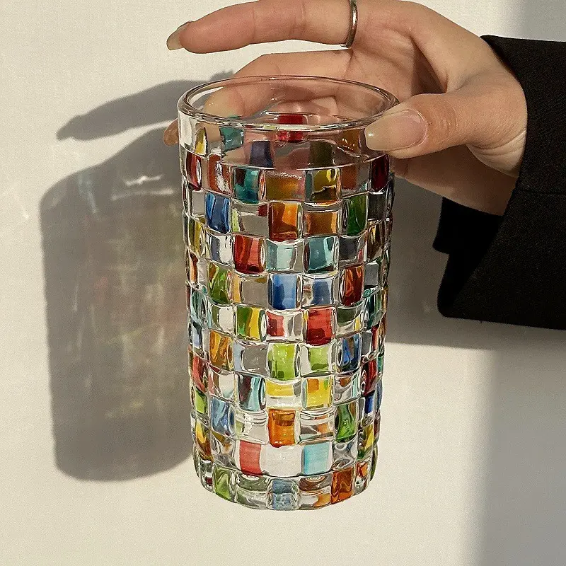 Shimmering Rainbow Refraction Aesthetic Vintage Glass Cup, Glass Beverage Cups, Glass Tumblers, Vintage Drinking Glasses, Hand-Painted Grid Pattern, Asymmetric Color Blocks, Ideal for Cold Drinks or Juices