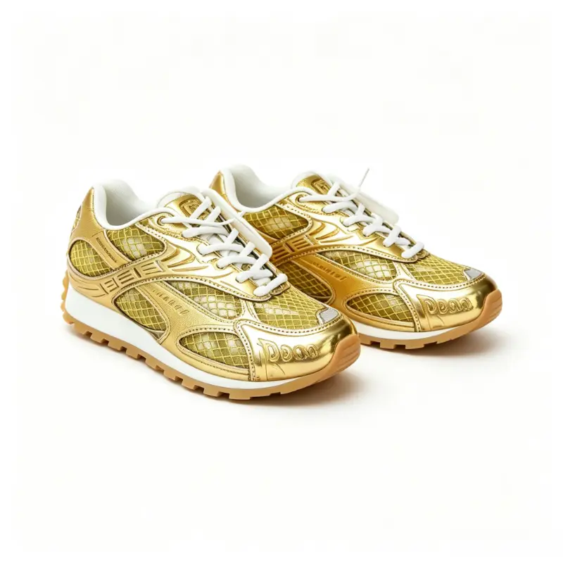 Men's Metallic Gold Mesh Retro Adjustable Running Sneakers, Male Luxury Shiny Colorblock Casual Shoes, Breathable Mesh Panel Synthetic Vintage Streetwear Trainers with Grip Sole for Outdoor Daily Use, Retro Look, Running Shoes