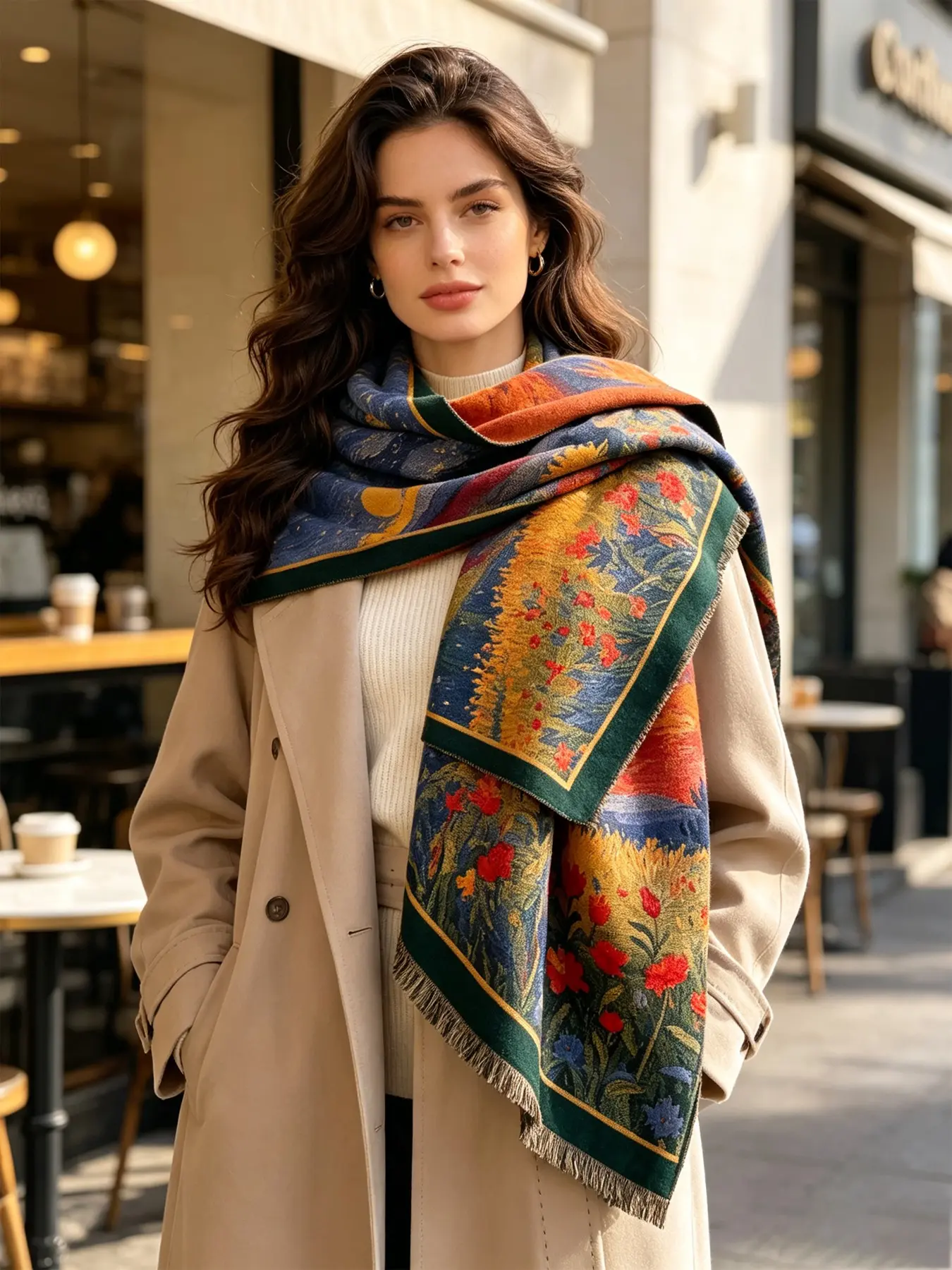 Vintage Starry Night Flower Field Oil Painting Blanket Scarf, Soft Cashmere Feel, Large Shawl Wrap, Warm Fall Winter Accessory, Unique Gift
