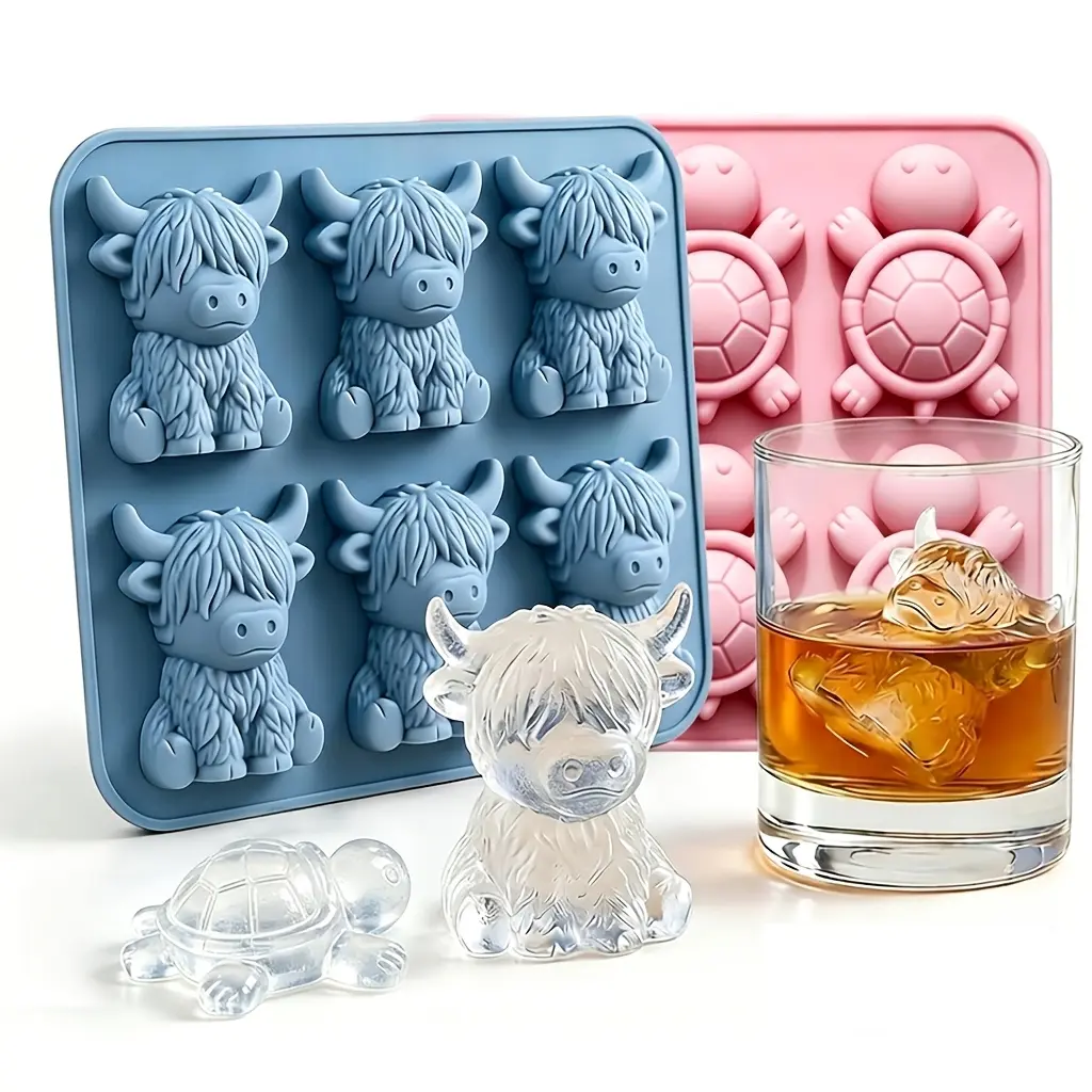 2Pcs Food Grade 3D Animal Silicone Tray Set - Highland Cow & Turtle Shapes for Whiskey, Bourbon, Cocktails, Chocolate, Fondant (bourbon ice cube molds, whiskey ice cubes mold)