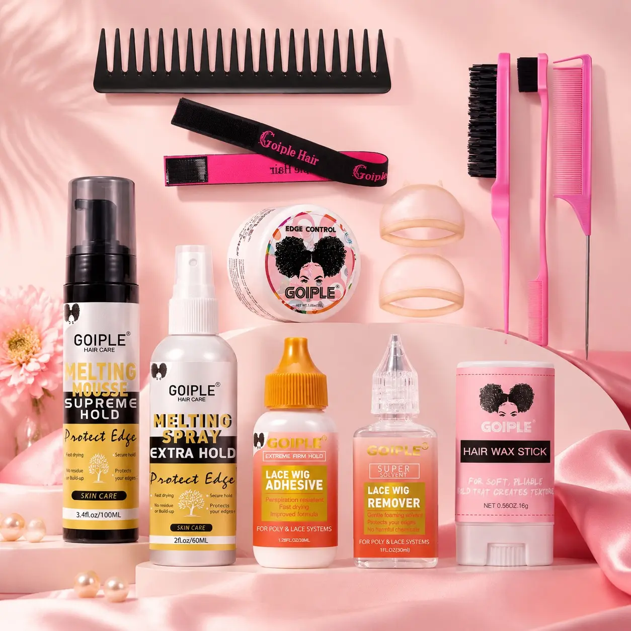 Goiple lace wig install kit,  Extra Hold lace melting spray, melting mousse, Sweatproof lace wig adhesive, lace remover, edge control, hair wax stick, hd wig caps, lace melting band, wig styling comb, lace wig front tools，Styling Comb Brushes