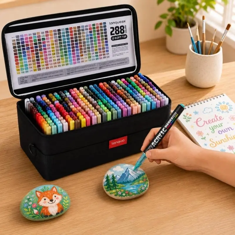 Languo New 288 Colors Acrylic Markers Set, Professional Art Supplies, Fine Soft Brush Tips, Quick Dry, Large Capacity, Ideal for DIY Crafts