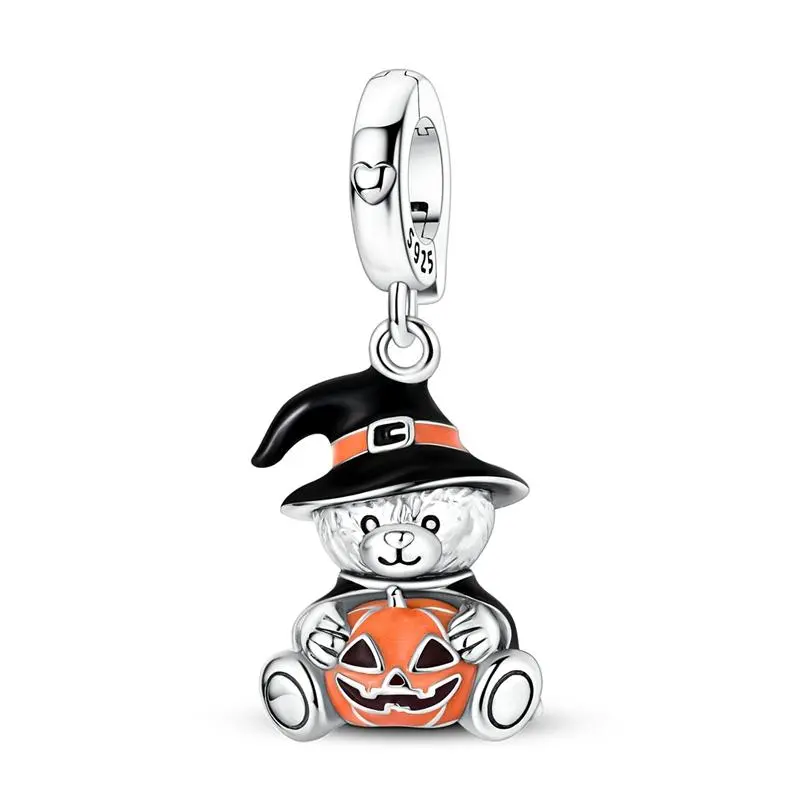 MULA S925 Silver-Plated Halloween Witch Teddy Bear Pendant, Cute Teddy Holding a Pumpkin Lantern, Autumn Jewelry Compatible with Pandora Bracelets and Necklaces