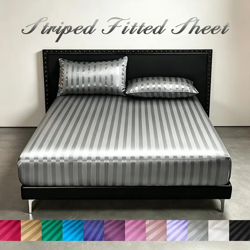 Green Striped Satin Cooling Fitted Sheet Set with 2 Pillowcases, Silky Smooth Summer Bedding, 360° Elastic Snug Fit, No Slip No Shift Stay-Put Design for Bedroom & Guest Room