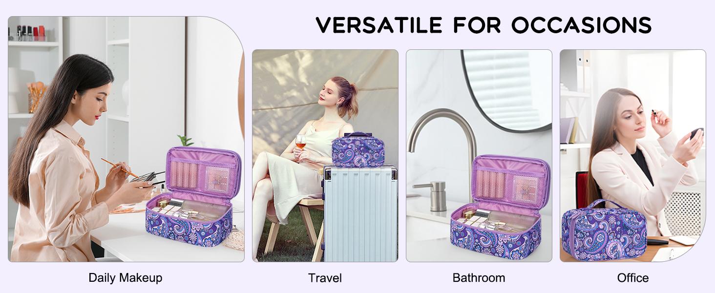 Travel Makeup Bag, Small Floral Cosmetic Bag with Makeup Brush Compartment, Portable Makeup Pouch for Women, Double Layer Cute Toiletry Organizer Bag, Purple Flower