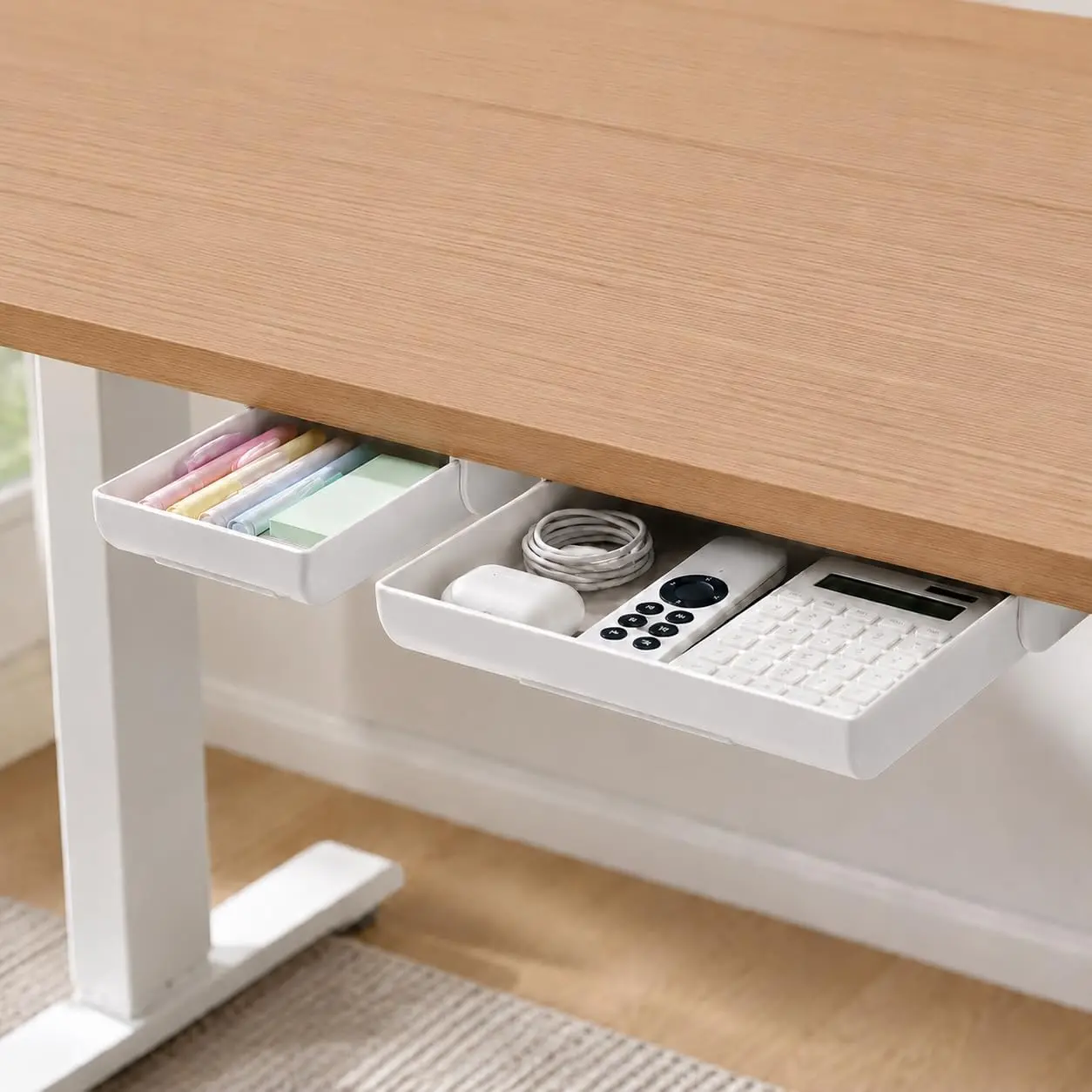 2-Pack Hidden Under Desk Storage Drawer Organizer Set, Lightweight Slide-Out Attachment with Self-Adhesive Installation for Desk Organization, Hidden Storage, Low Profile