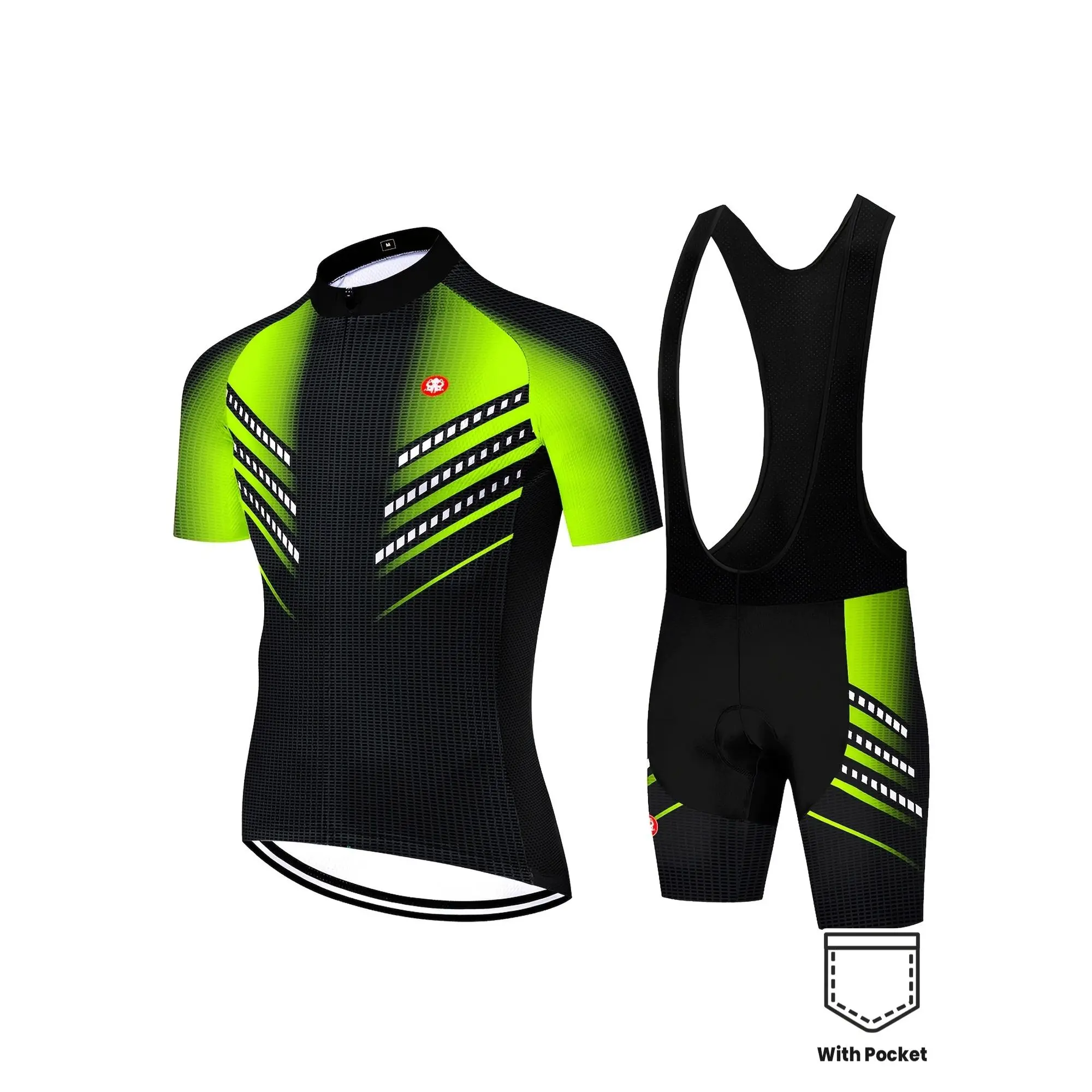 Men's fluorescent green geometric-patterned comfortable cycling set, featuring a breathable bike vest and quick-drying compression shorts with three back pockets and 20D thick padding liner