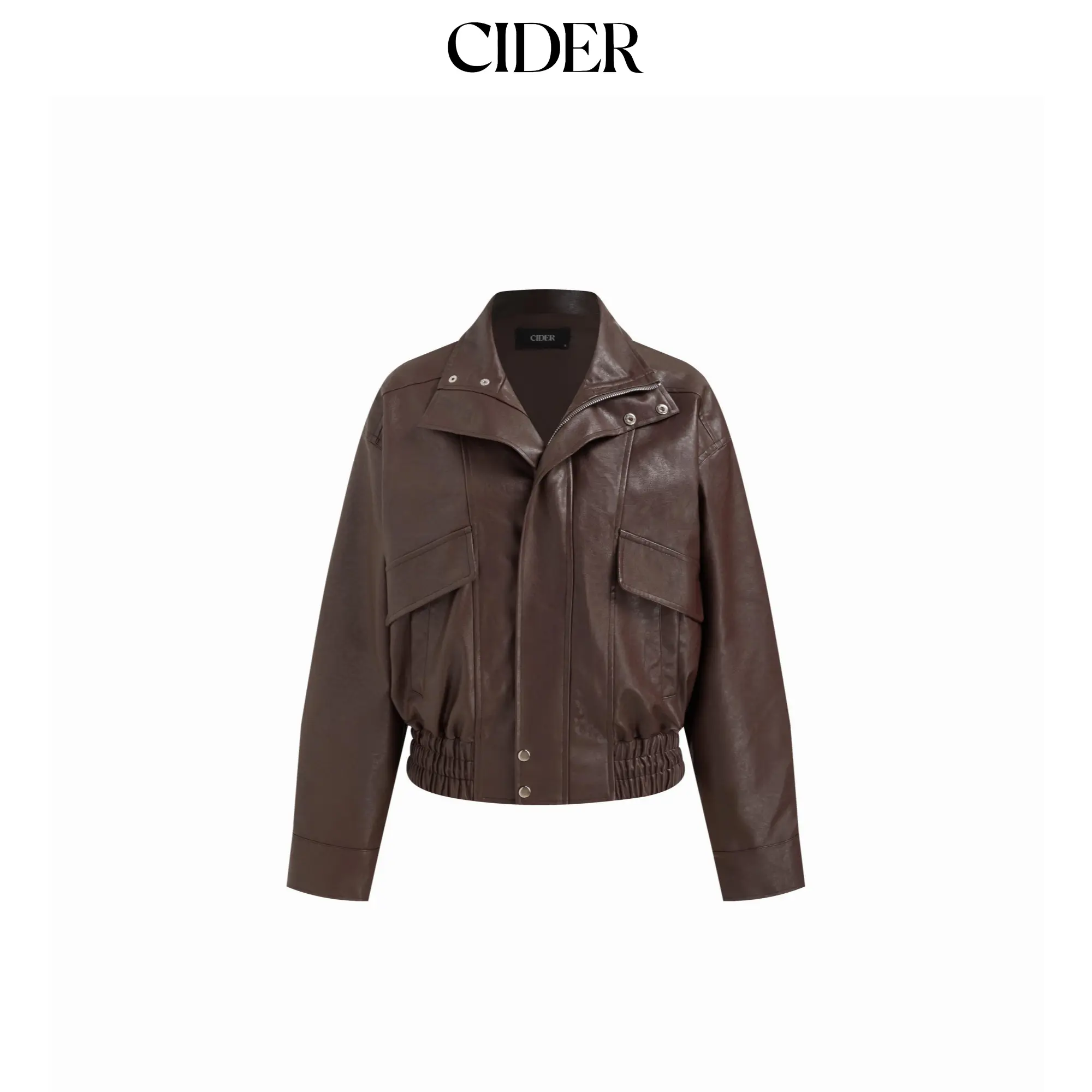 Cider Stand Collar Zip Through Faux Leather Bomber Jacket SummerFinds