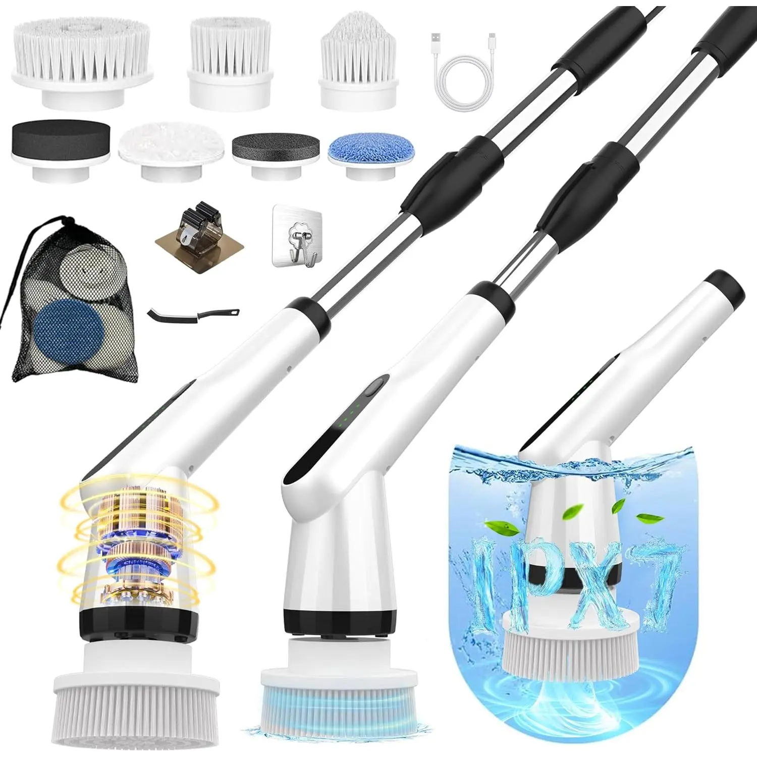 Electric Spin Scrubber,Shower Scrubber with 7 Replaceable Brush Heads & Retractable Handle, 2-Speed Adjustable Shower Cleaner for Bathroom, Bathtub, Kitchen, Tile Floors