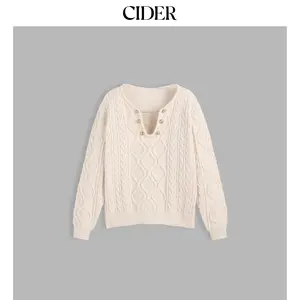 Cider [size 2-10] Cable Knit Round Neck Chain Button Long Sleeve Top SummerWins Dealsforyou