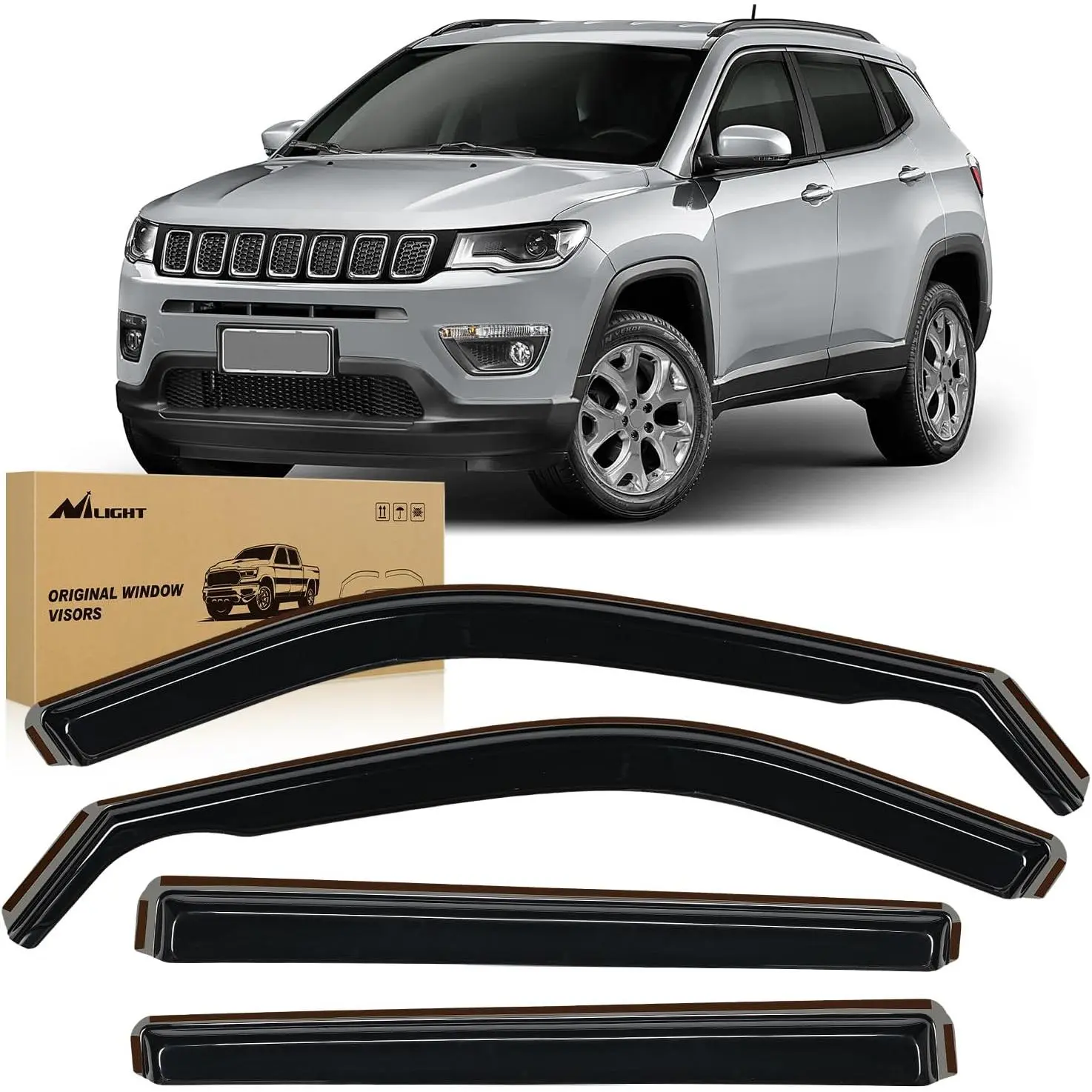 Nilight Vent Window Visors & Sun Visors for Jeep Compass 2017-2024, In-Channel Rain Guards, Original Acrylic Shatterproof Car Window Deflectors - 4PCS Replacement Exterior Accessory, Sun Visor Glass