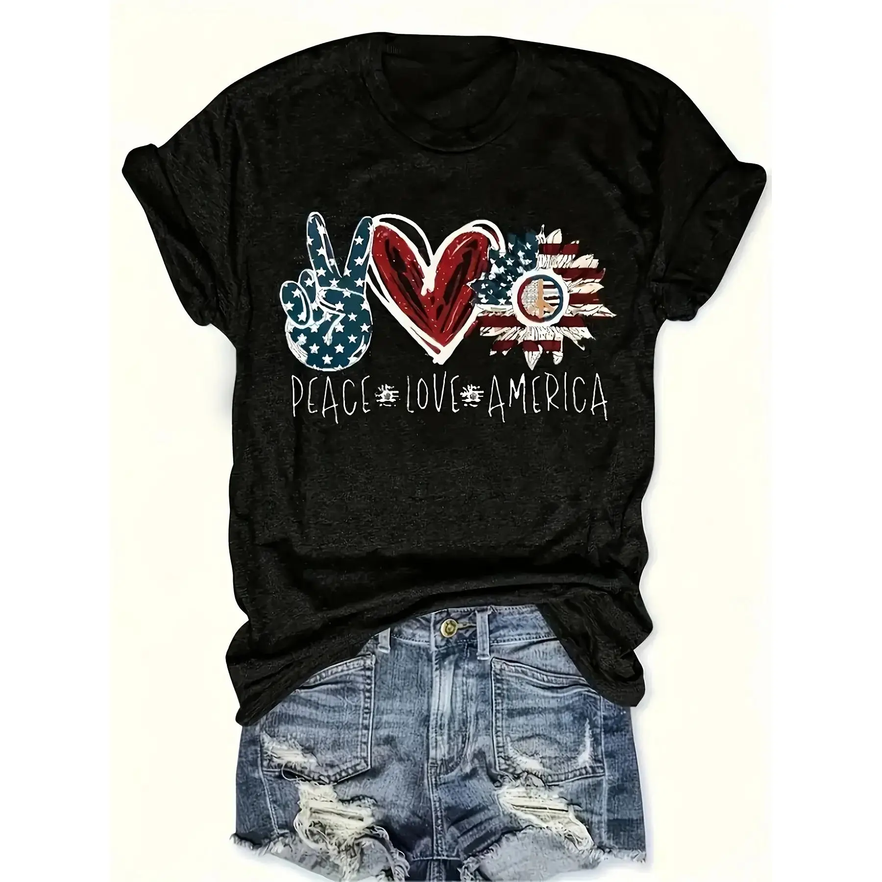 Women's V-Neck T-Shirt, Casual Short Sleeve Top with Vibrant American Flag Print - Relaxed Fit Summer Streetwear