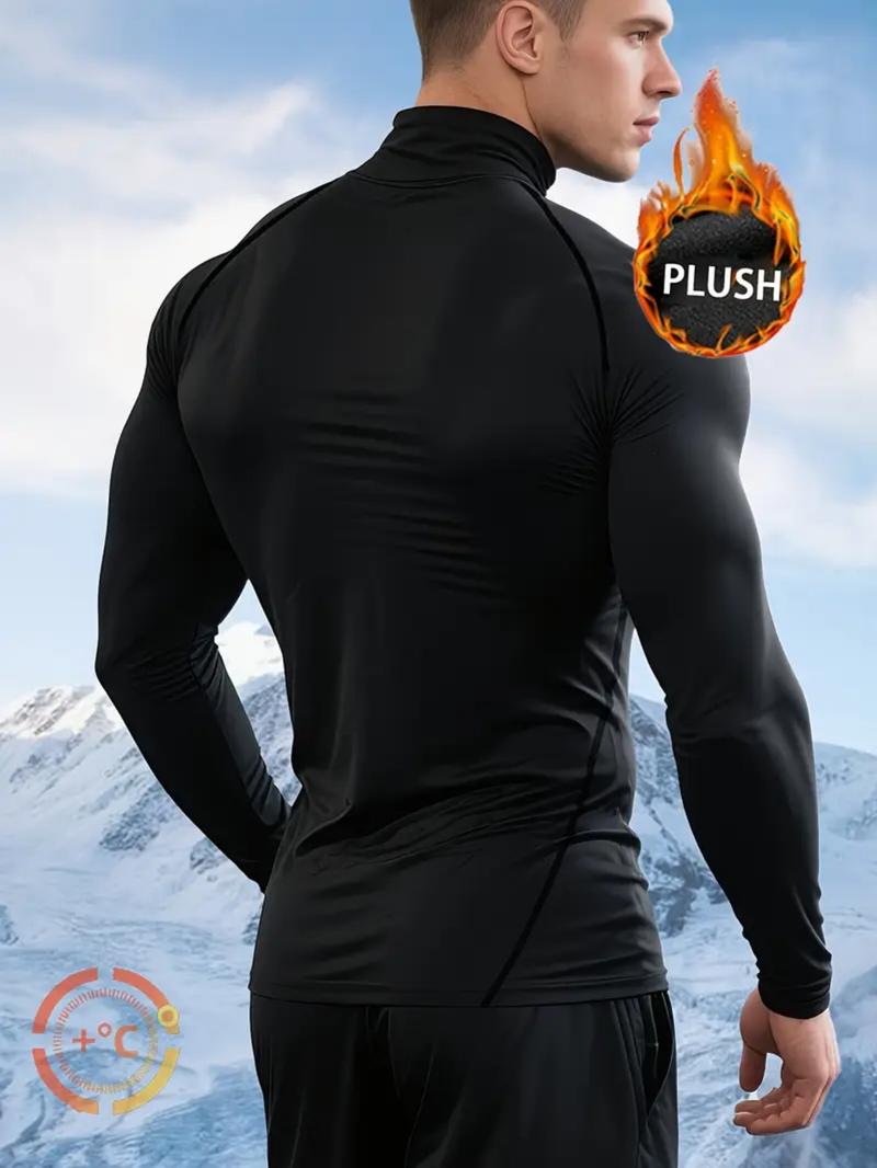 Men’s Winter Sports Top – Fleece-Lined Black Long Sleeve, Stand Collar, Stretch Fit with Graphic Print for Outdoor Training & Cold Runs, Athletic Tops