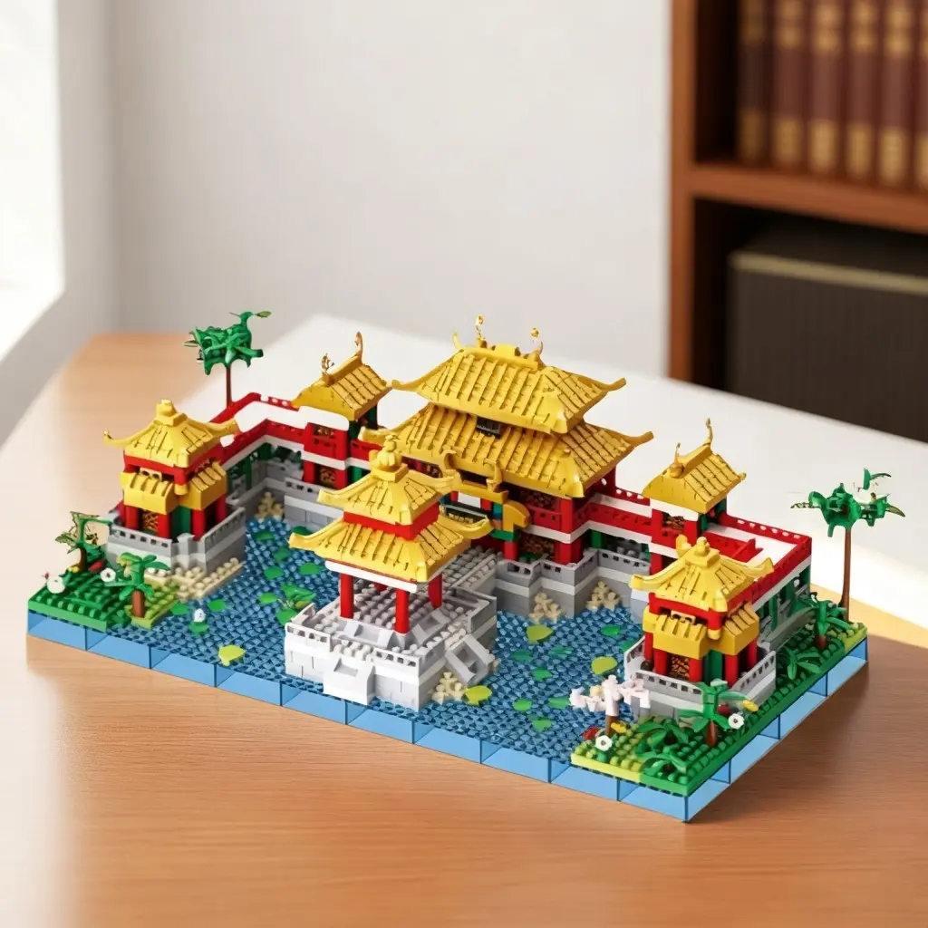 Chinese Garden Building Kit, Detailed Eaves and Tiered Platforms, Stable Particle Fit, Connects to Forbidden City and Great Wall Models