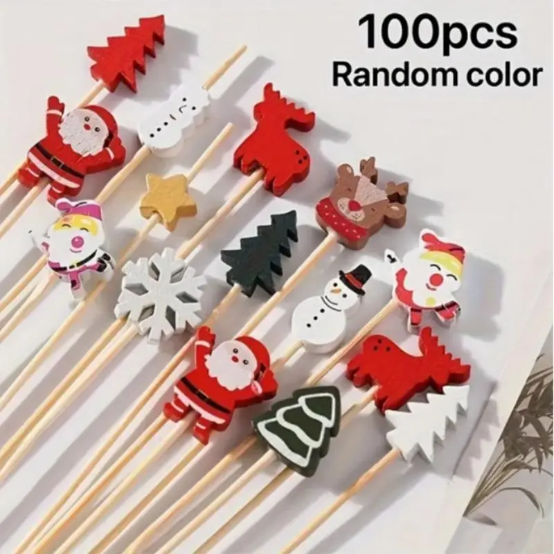 100pcs Christmas Party Supplies, Disposable Art Fruit Sticks, Snack Sticks, Pumpkin Sticks, Santa Decorative Skewers, Tableware Decorations