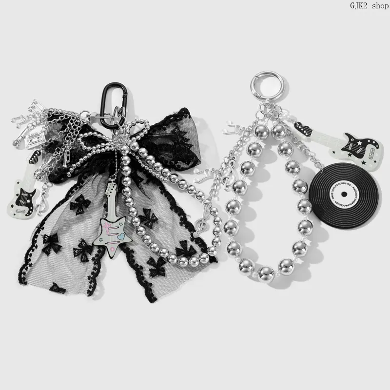Gothic Rock Guitar Keychain Charm - Black Lace Bow, Silver Beaded, Acrylic Parts, Dual Clasps, Carabiner Clip, Spring Ring - Vinyl Record Bag Backpack Pendant