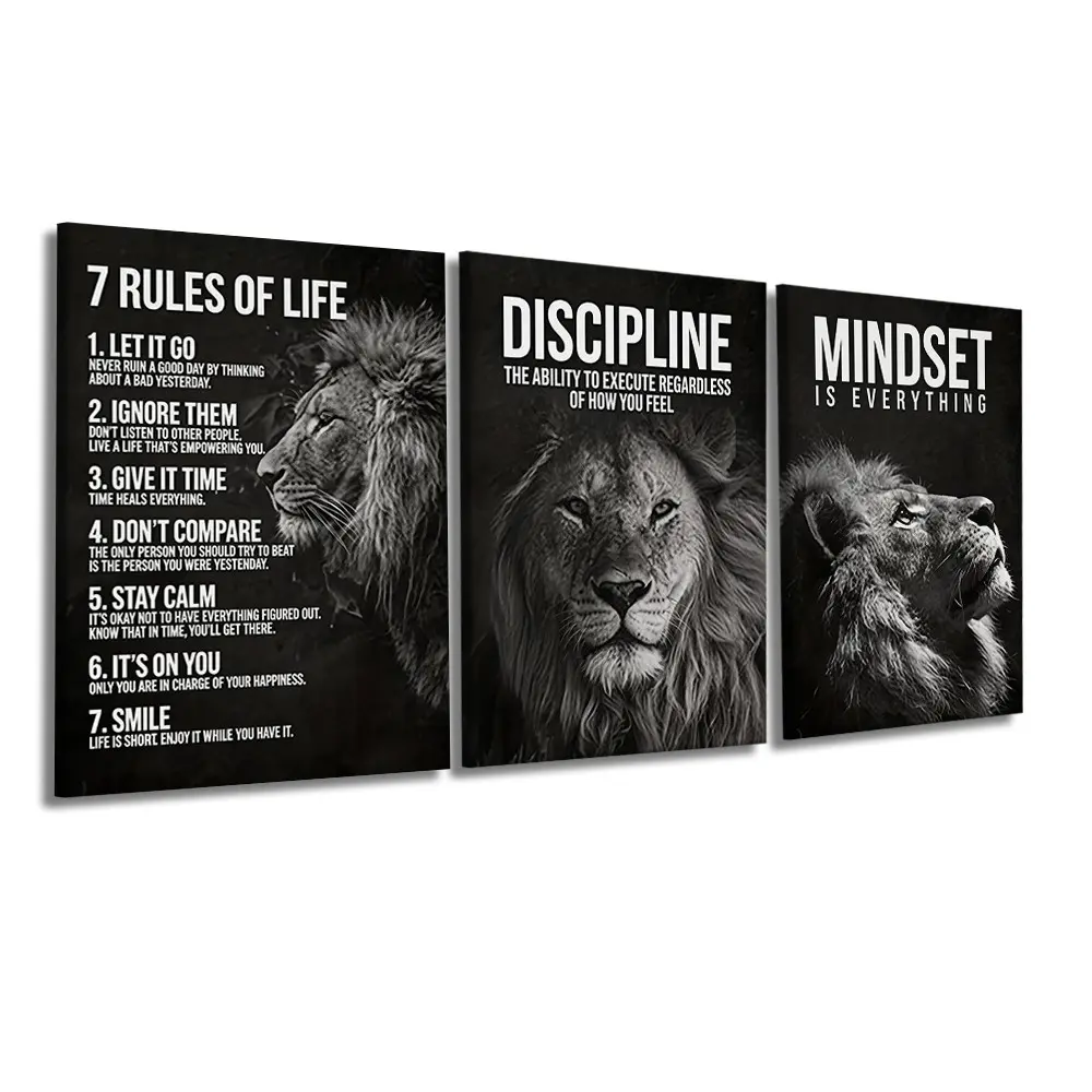 3 Pcs/Set Wooden-Framed Canvas Painting, Black White Lion Portrait Motivational Success Mindset Discipline Life Rules Quote Three Panel Canvas Wall Art Living Room, Bedroom, Office Decoration, Modern Home Decor, Fashion Artistic Ornaments, Artwork