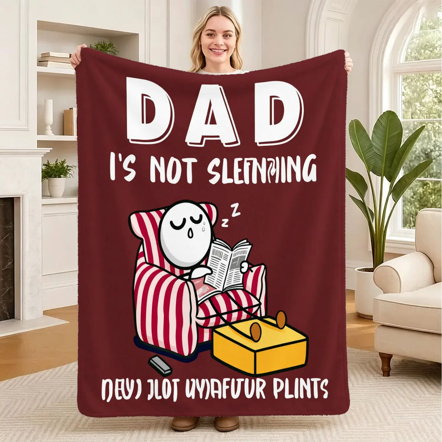 Burgundy Background Stick Figure Dad Napping Print Throw Blanket, Funny Dad Quote Sofa Throw & Soft Bed Blanket, Humorous Man Cave Decor, Novelty Father’s Day Gift for Tired Dads
