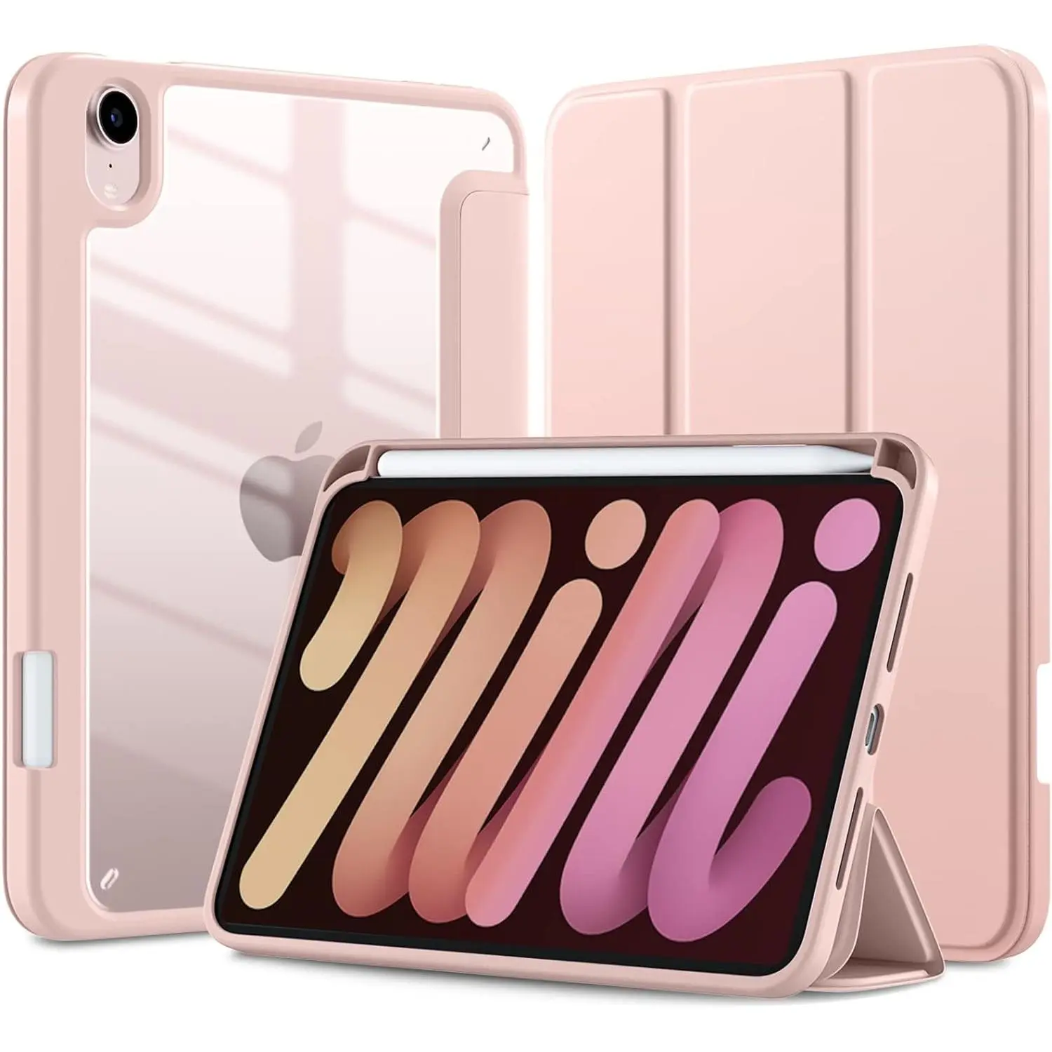 for iPad mini Case (A17 Pro) 2024 / iPad mini 6th Gen 8.3 Inch 2021 | with  Pencil Holder, Clear , for iPad mini 7/6 Case 7th/6th 2024/2021 Cute Slim Trifold Folio Cover, Rose