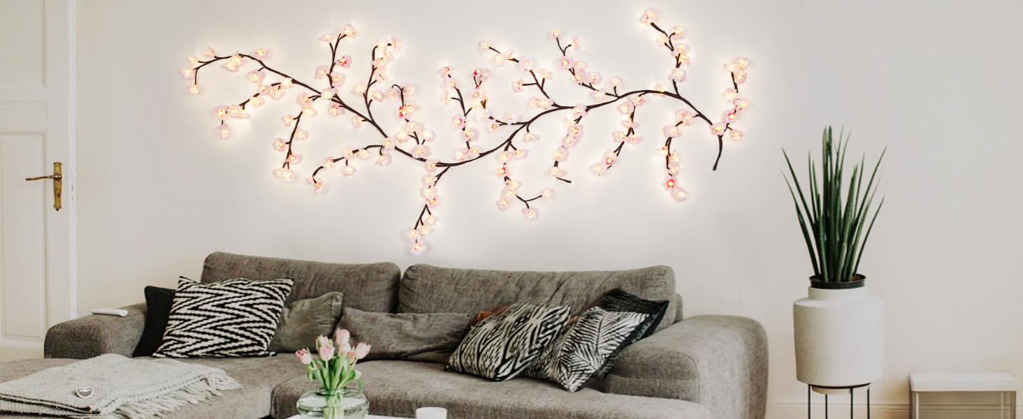 BASIC SUPPLY DIY Cherry Enchanted Willow Vine Lights,4 FT 48 LED Cherry Blossom Lights with Remote Timer,8 Lighting Modes,LED Tree Branch Light for Wall,Cherry Blossom Wall Decor for Bedroom Living Room Window