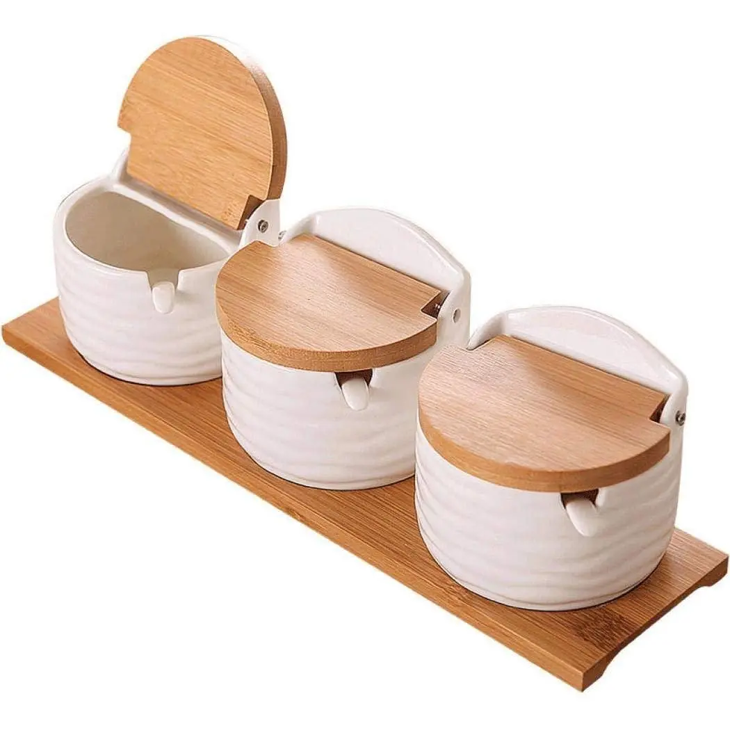 3-Piece Ceramic Canister Set, Porcelain Coffee Spice Condiment Jar with Flip Lid & Spoon - Creative Kitchen Counter Storage Container for Home, Wooden