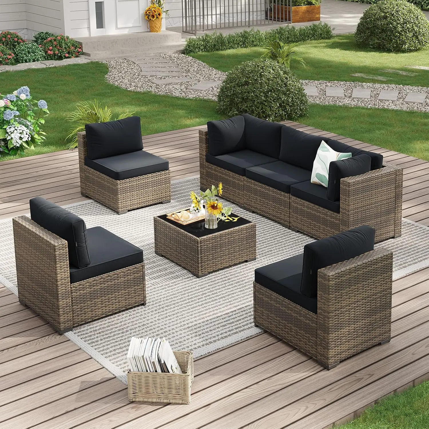 Aoxun 7-Piece Patio Furniture Set, Wicker Outdoor Furniture with Thick Cushions | Rattan Patio Conversation Sets with Coffee Table, Outdoor Sectional Couch Sofa, Yellow Black
