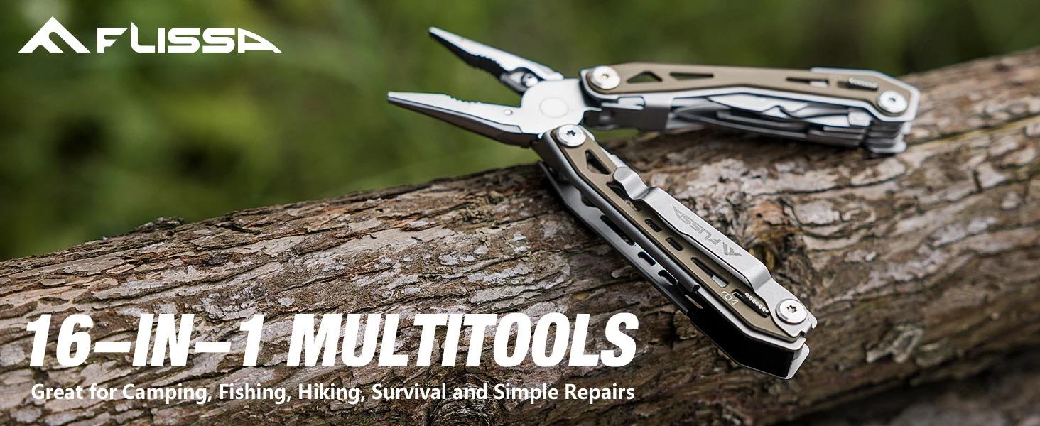 FLISSA Multi Tool Pliers Desert Tan 16 in 1 Stainless Steel Multipurpose tool with Tactical Multitool Knife, Screwdrivers