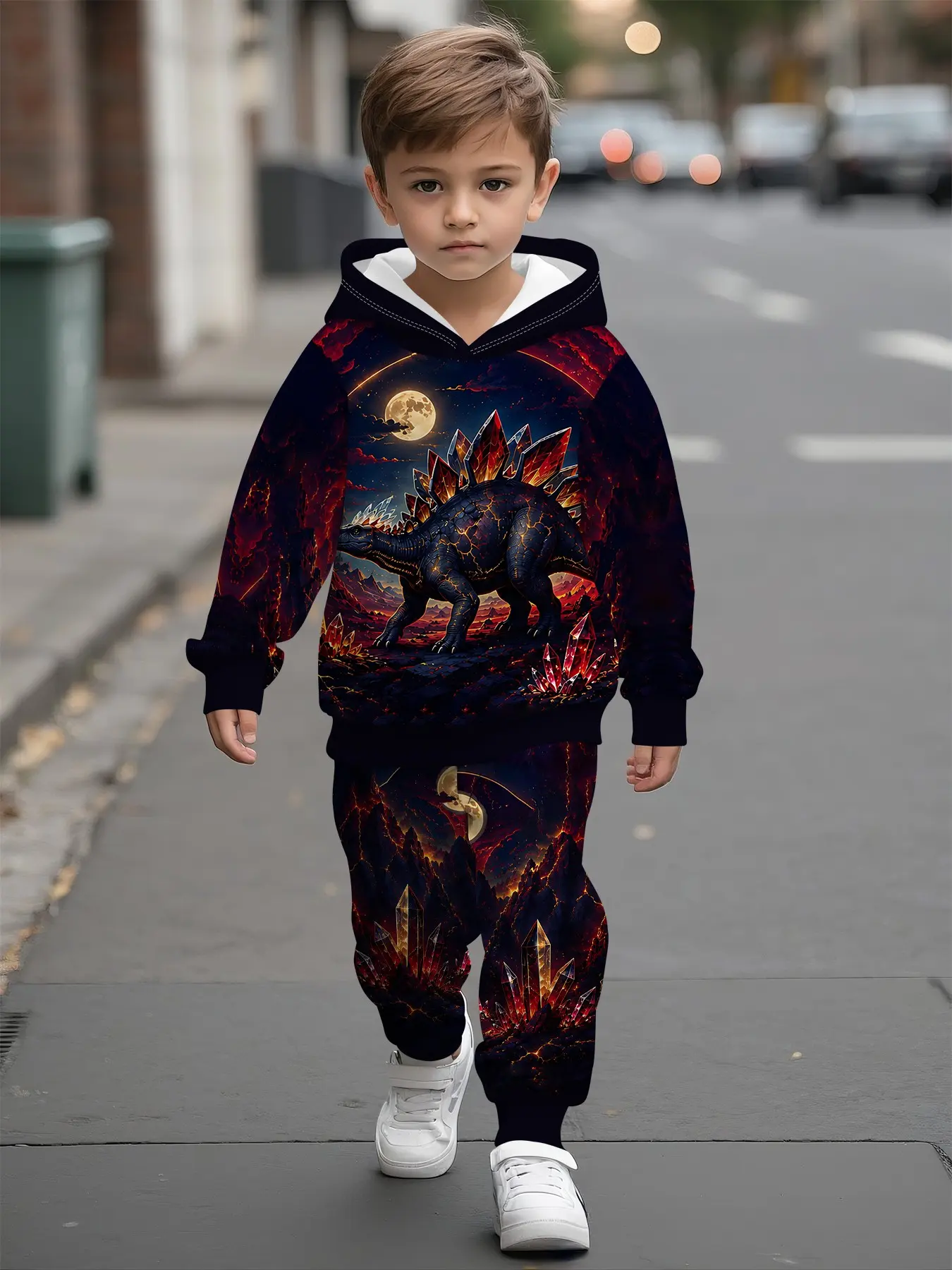 Cool Hooded Sweatshirt Set for Baby Boys Featuring Full-Moon Volcanic Crystal Backstab Dragon Pattern, Casual and Comfortable Outfit Suitable for Daily Wear and Trips, Trendy and Versatile Gift for Boys