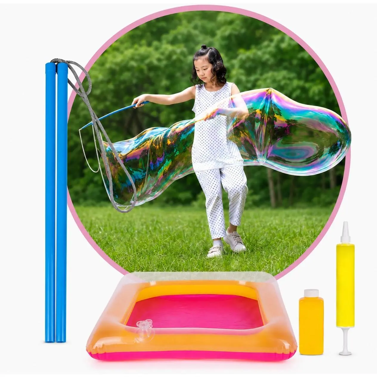 Bubble Wand Kit with Bubble Rope, Bubble Solution Concentrate, Inflatable Tray, and Pump, Bubble Rope for Large Bubbles - Giant Bubble Maker Toys - Summer Activities for Kids