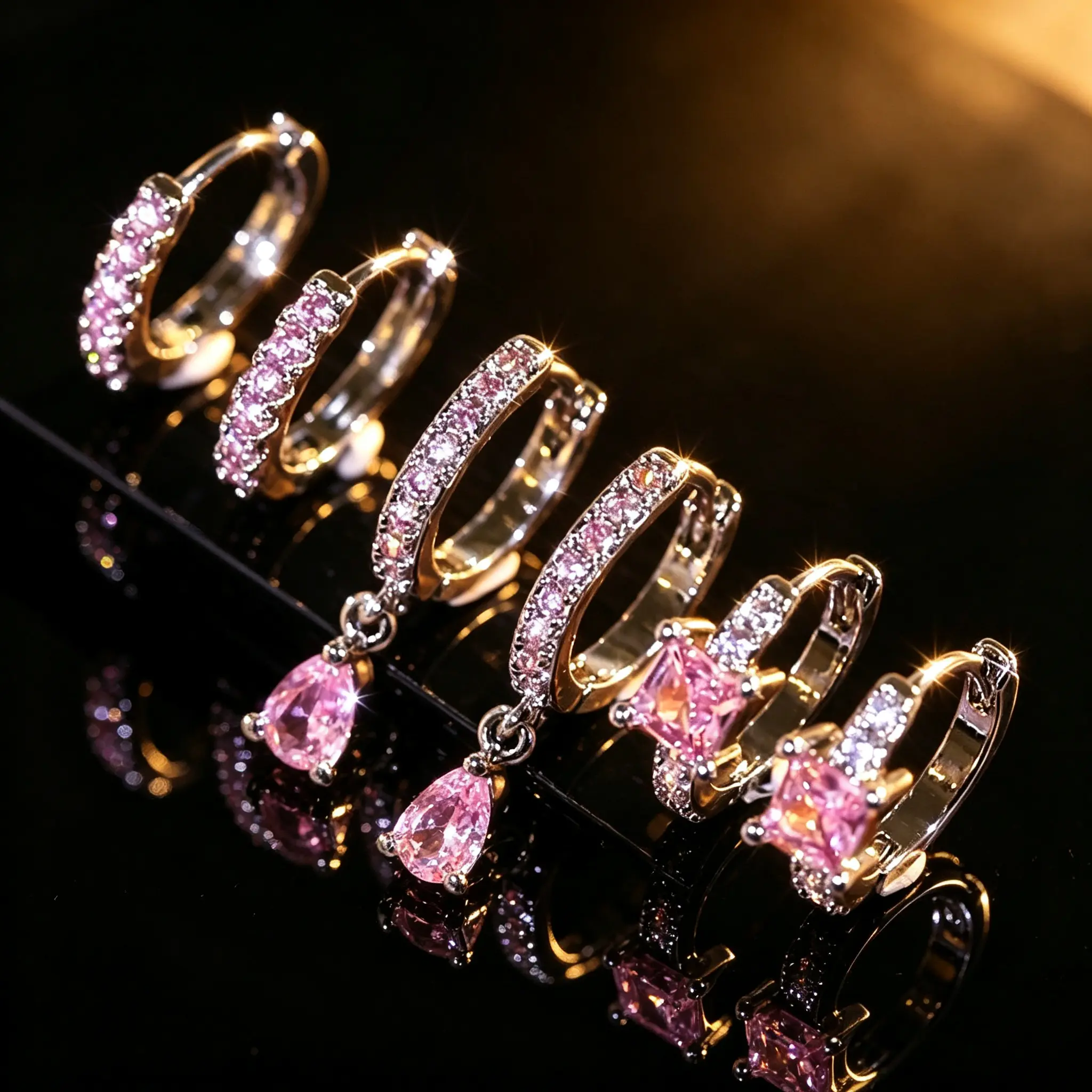 Women's 3-Pair Huggie Hoop Earrings Multipack - Paved Inlaid Accents, Metal Coating, Mixed Teardrop & Square Dangles, Stacking Fit, Casual Trendy Jewelry, Fashion Chic Accessories for Daily & Party Use, Ideal Gift