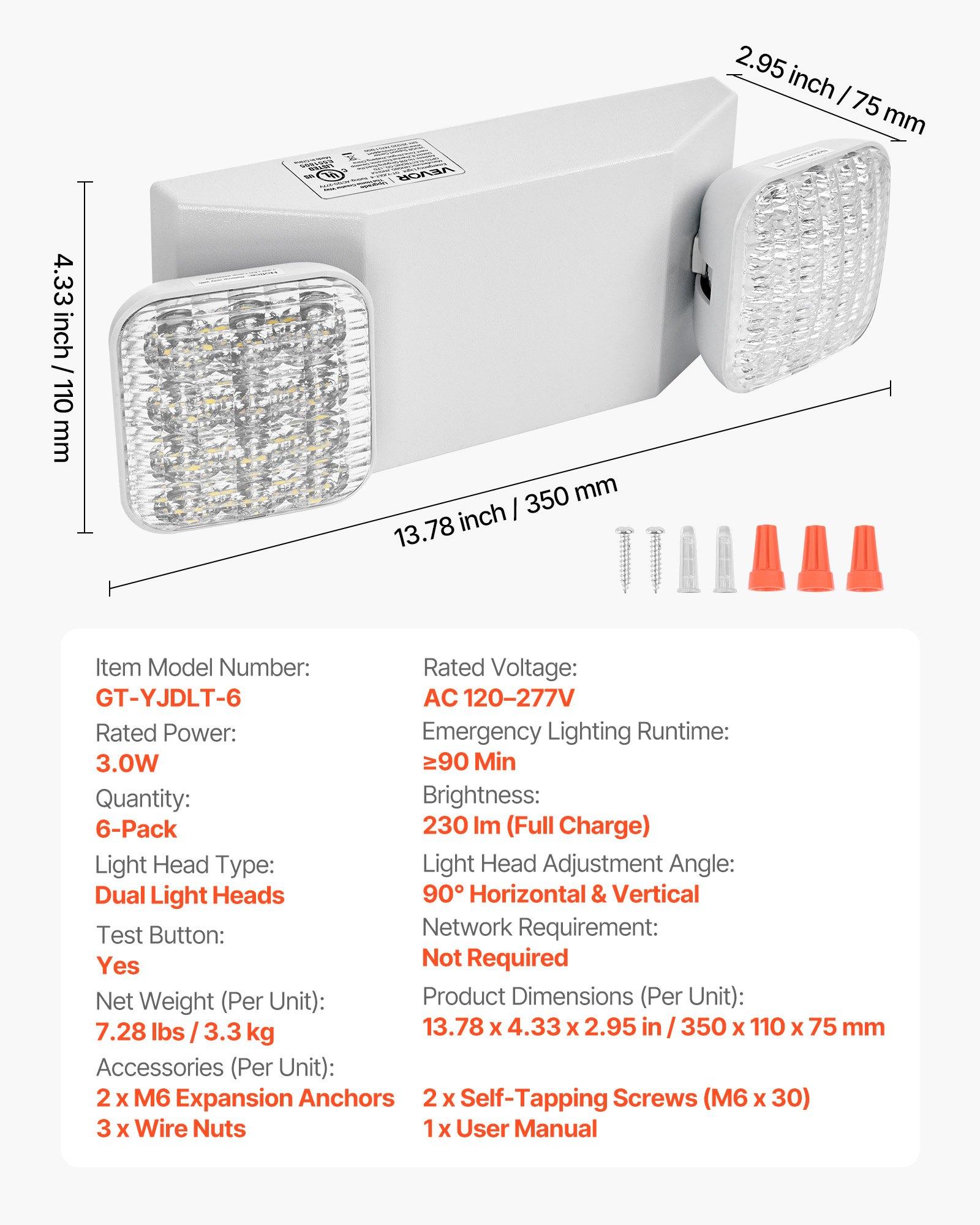 VEVOR 6 Pack Emergency Lights for Business, with Battery Backup, Commercial LED Emergency Exit Lighting Fixtures, AC 120/277V, with Two Square Head Adjustable, 90-Minute Backup, for Business, White VEVOR 6 Pack Emergency Lights for Business, with Battery Backup, Commercial LED Emergency Exit Lighting Fixtures, AC 120/277V, with Two Square Head Adjustable, 90-Minute Backup, for Business, White