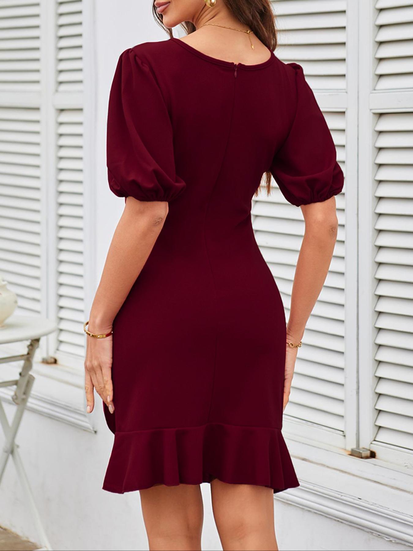 Women's Plain Bubble Sleeve Dress, Elegant Chic Fashion Casual Crew Neck Short Dress for Daily Outdoor Wear, Women Dress for Spring Fall