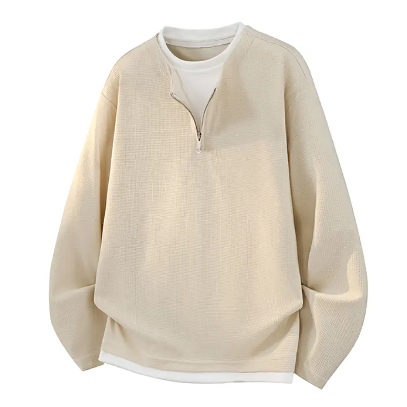 Men's Cream Waffle Knitwear Pullover, Oversized Plain Half-Zip with Stand Collar, Longsleeve Streetwear with Layered Hem, Longsleeves, Menswear, Stylish, Polyester Blend, Layered Trim