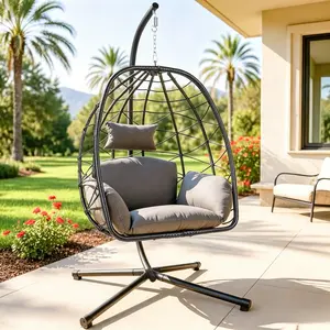 Rattan Wicker Hanging Egg Chair with Stand, Indoor & Outdoor Swing Egg Chair Equipped with Thickened Soft Cushion, Sturdy Frame for Patio, Garden and Home Relaxation Use