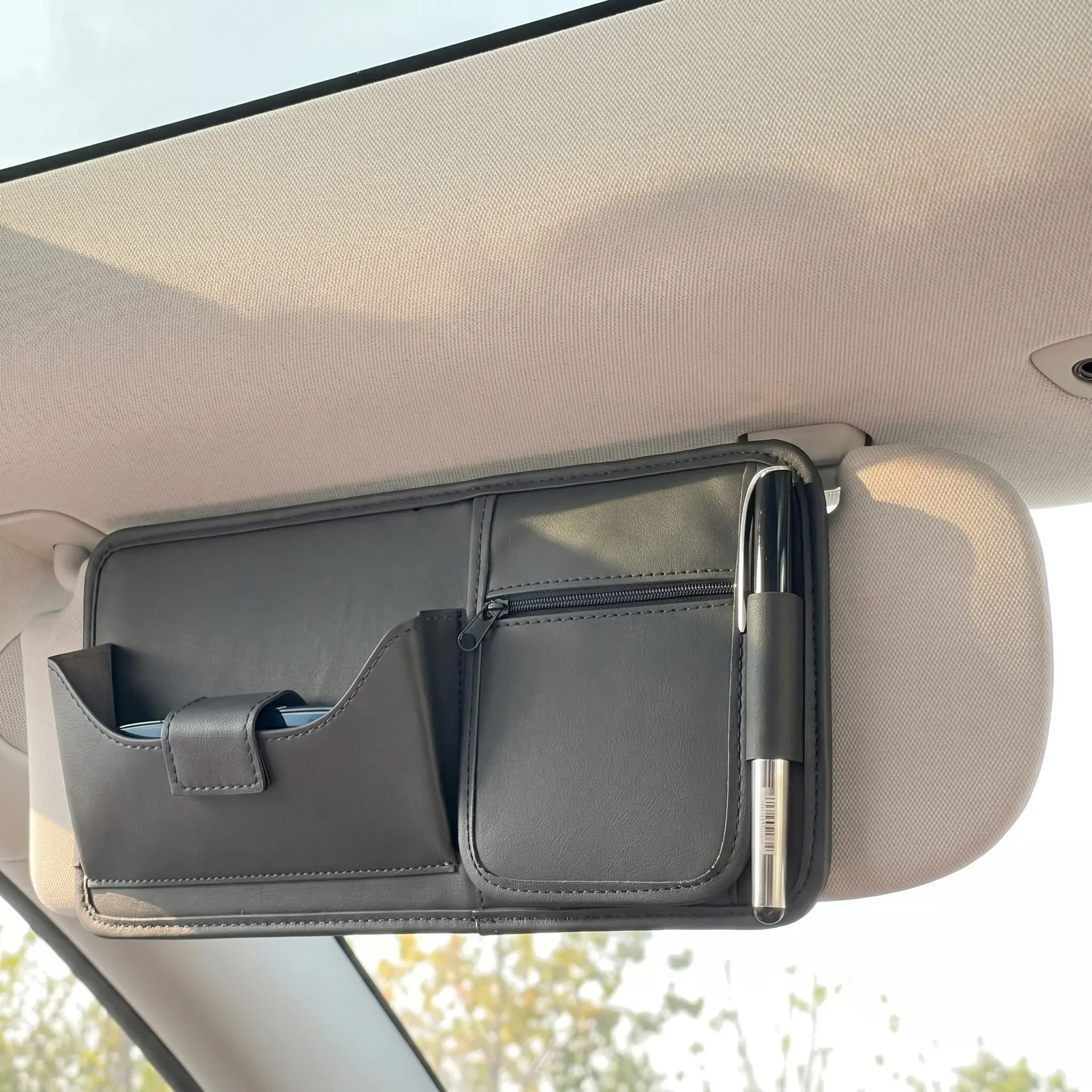 Xijianbao Multi-Functional Car Sunshade Organizer Bag, Car Visor Organizer, PU Leather, Pen Holder, Sunglasses Slot, Zippered Pockets, Perfect Gift for Car Enthusiasts