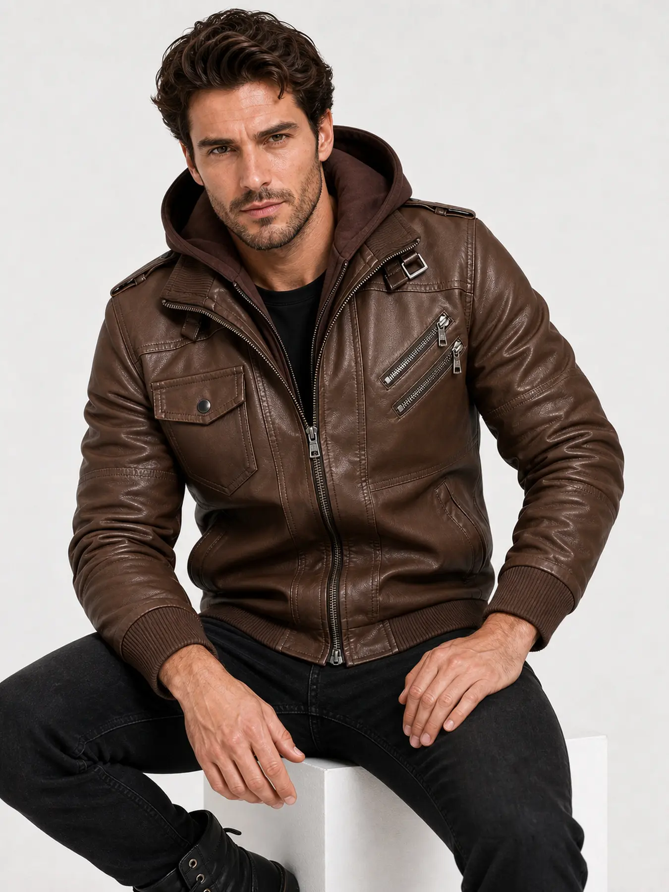 1. PC Men's PU Jacket, Design-inspired Motorcycle Jacket. High-quality windproof PU retro pilot hooded jacket. Detachable hood, suitable for daily and outdoor wear.